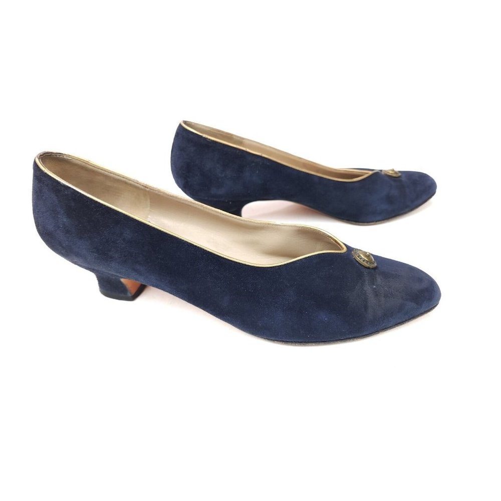 Salvatore Ferragamo Made in Italy Blue Suede Slip On 2" Heel Pumps Shoes 10 AA - Picture 3 of 11